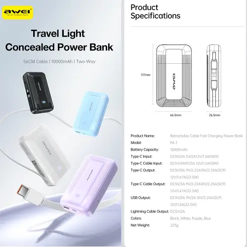 AWEI PA1 22.5W 10,000mAh Retractable Cable Powerbank - View 2