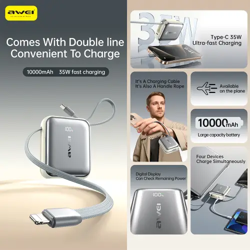 AWEI PA15 35W 10,000mAh Built-in Cable Powerbank - View 3