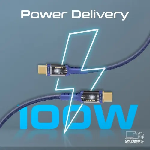 Promate LucidLine-CC120 High Tensile Transparent 100W Power Delivery USB-C Cable with LED Light - View 2