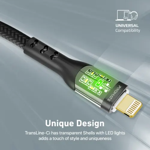 Promate TransLine-Ci 27W Power Delivery USB-C to Lightning Cable with Transparent Shells - View 3